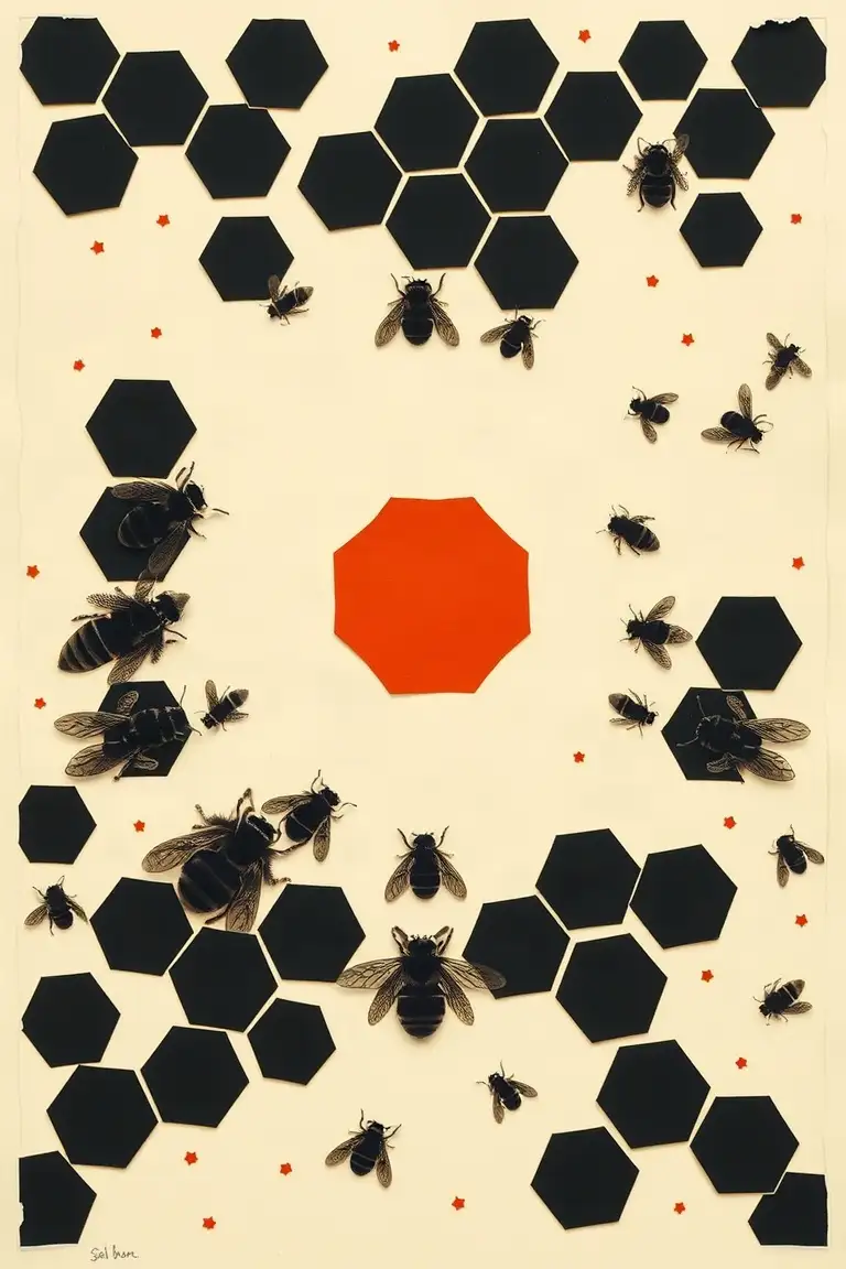 Cut-paper poster: black hexagons and bees swarming around one red hexagon