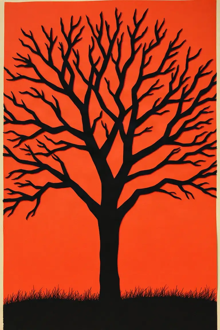 Cut-paper poster: a black branching tree silhouetted against a red sky