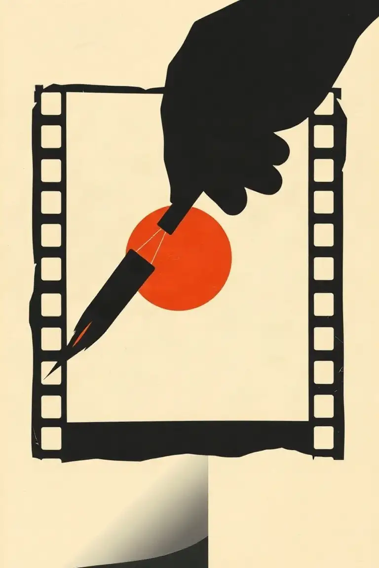 Cut-paper poster: a black hand with a paintbrush painting a red sun inside a film frame
