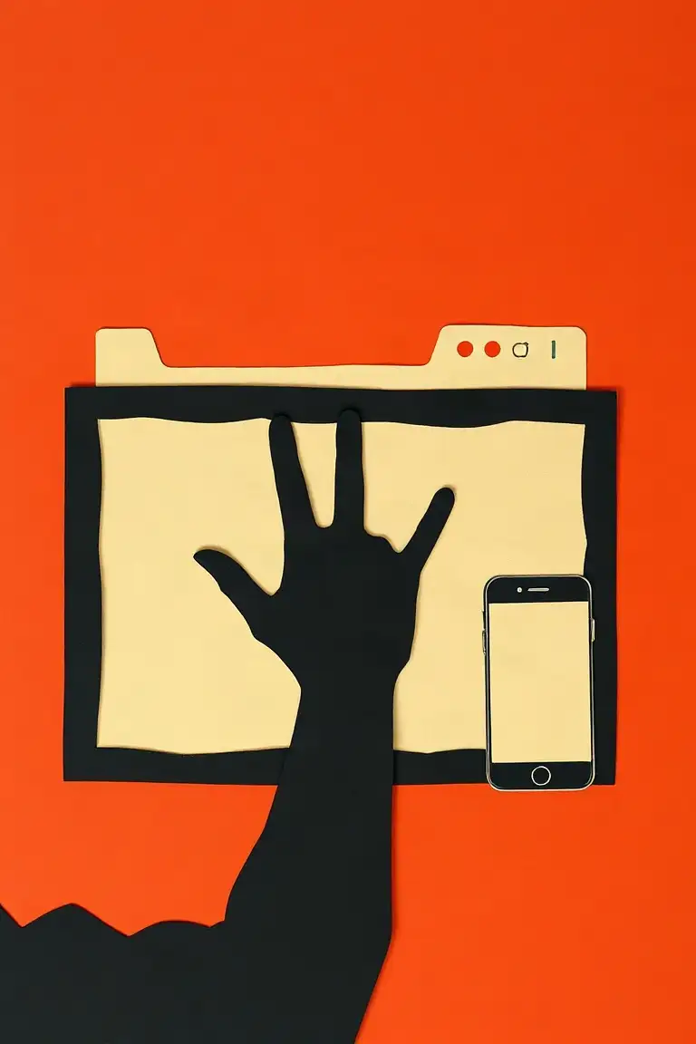 Cut-paper poster: a black hand reaching across a desktop window, a browser and a phone on a red ground