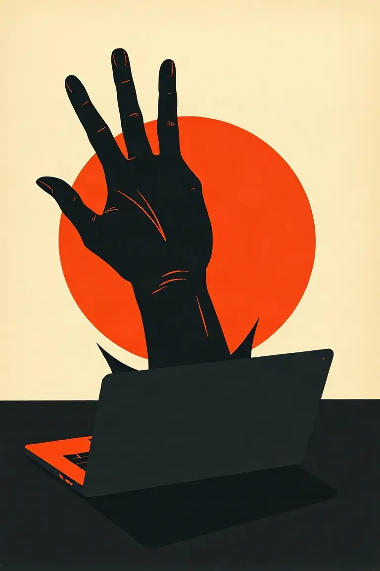 Cut-paper poster: a black hand bursting out of a closed laptop in front of a red sun