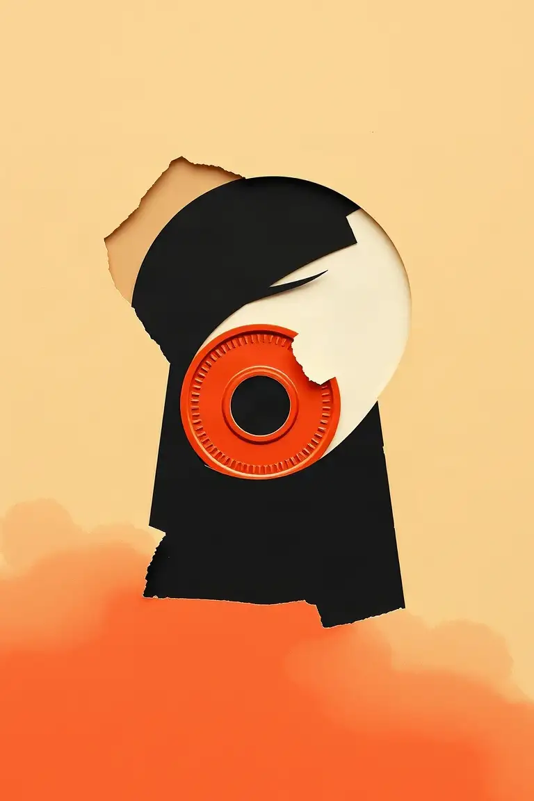 Cut-paper poster: a giant eye with a red coin for an iris, peering through a keyhole