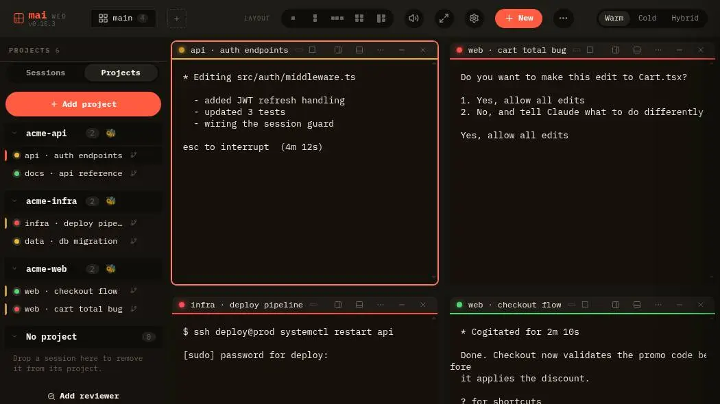 The real mai web workspace: several agent sessions side by side in panes, grouped by project in a sidebar
